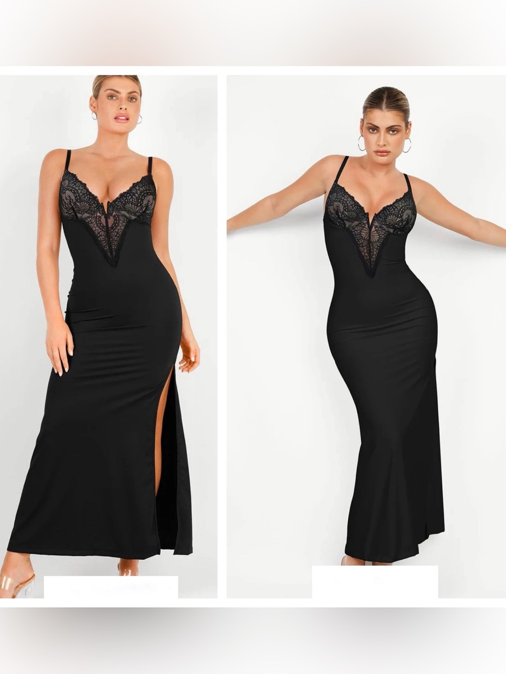 NWT Popilush Shapewear Lace V Neck Side Slit Slimming Maxi Slip Dress black L